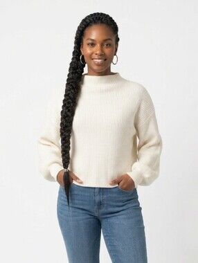 Line + Dot White Ribbed Knit Mock Neck Balloon Sleeve Sweater - Small - See Note